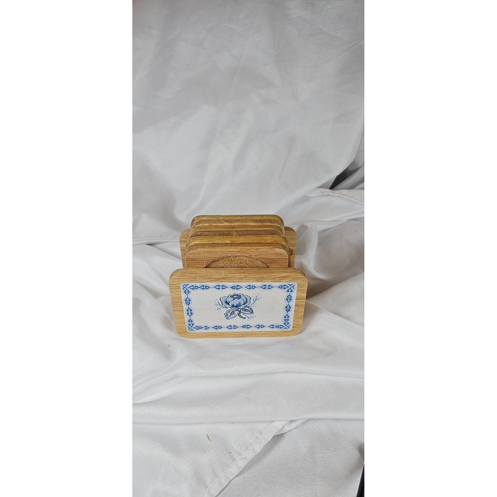 Vintage Ceramic Square wood Vintage Blue Flower Coasters - Set of 6 With Box